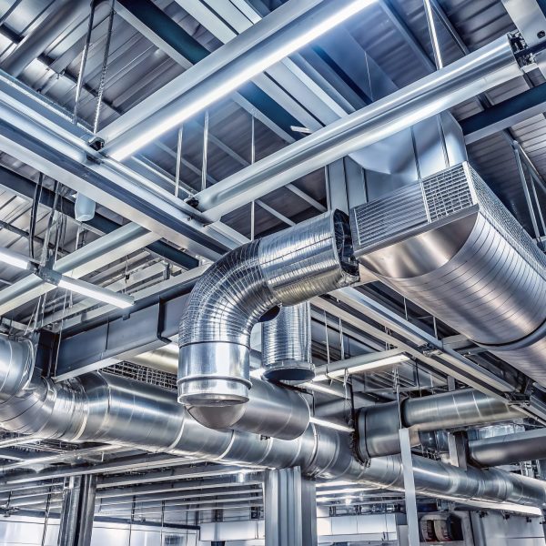 Modern industrial air conditioning system with rows of sleek silver vents and pipes installed on ceiling of a large manufacturing facility.